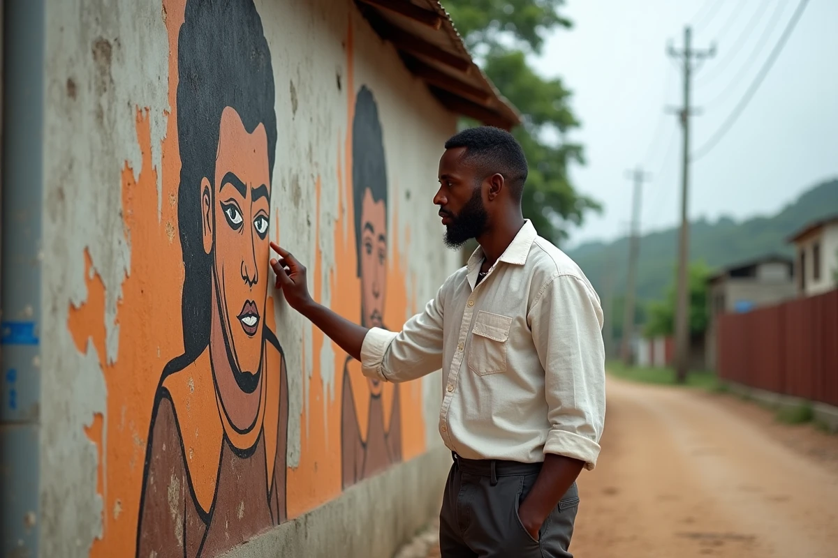 Jeune homme kanak observant une fresque murale communautaire évoquant l'histoire de Patchili dans un village de Nouvelle-Calédonie