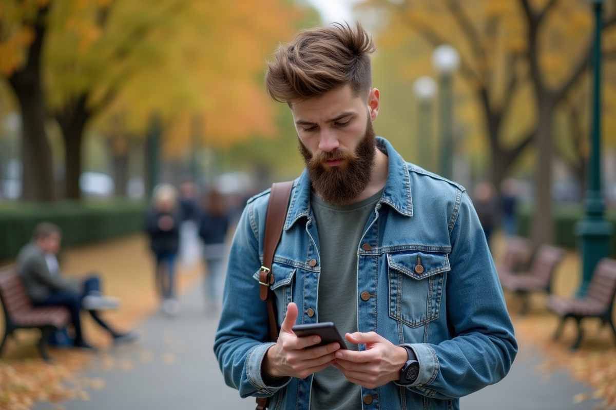 Jeune homme dans un parc regardant son téléphone