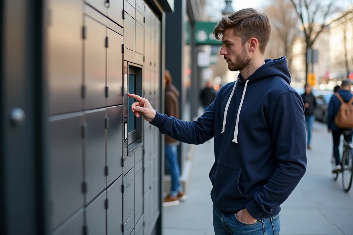 Jeune homme utilise un casier de retrait en ville