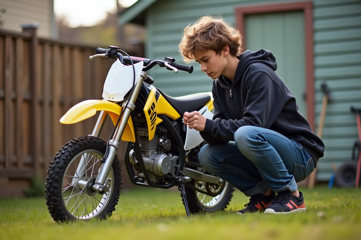 Adolescent en motocross nettoyant la chaîne de son petit dirt bike