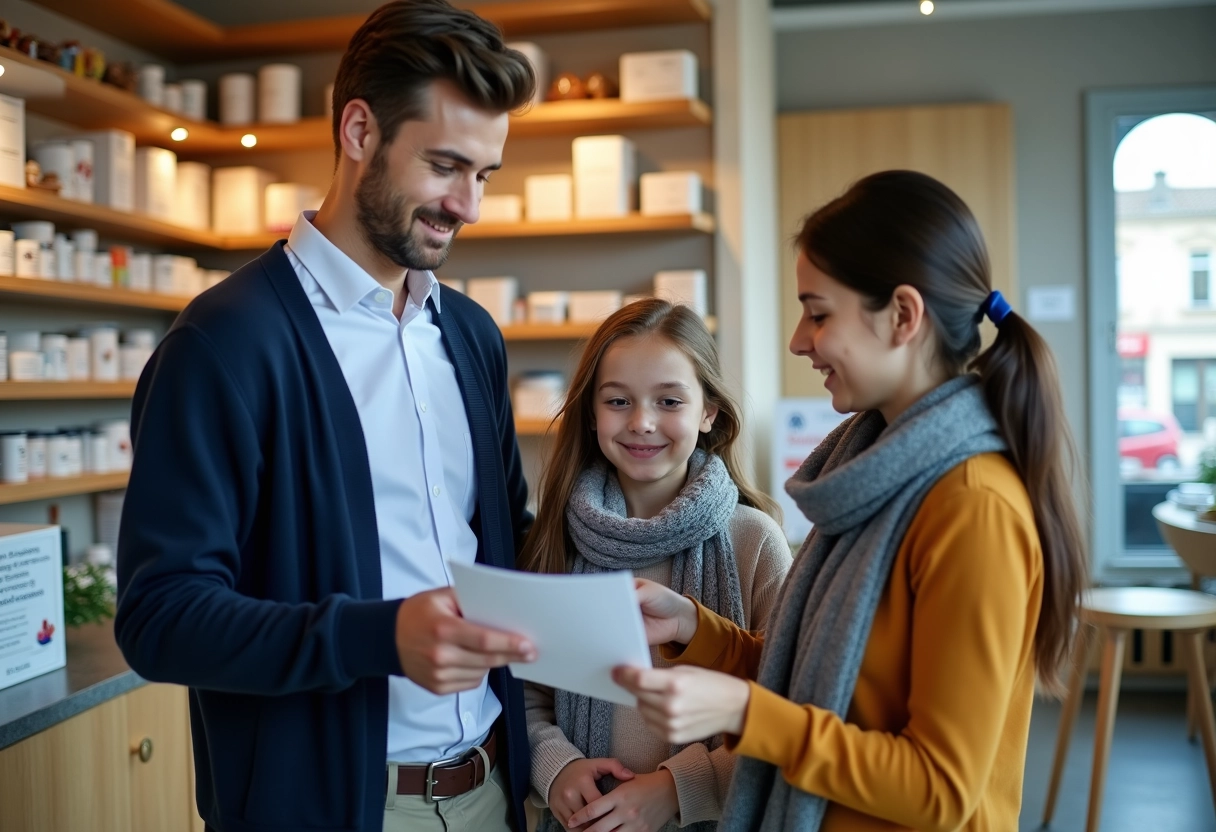 Jeune pharmacien discutant avec famille dans pharmacie moderne