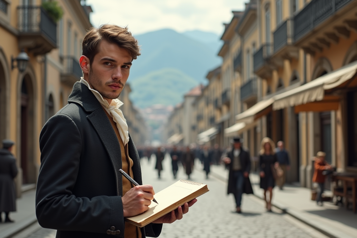 Jeune homme dessinant la ville de Grenoble au 19e siècle