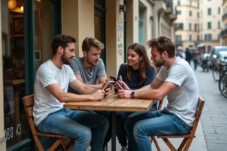 Groupe de jeunes discutant d'un sujet tendance sur un café urbain