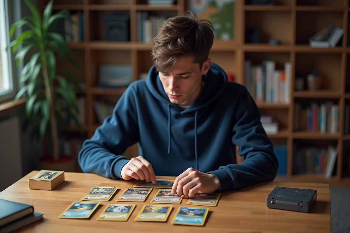 Joueur de Pokémon Pocket organisant un deck de cartes communes sur un bureau en bois