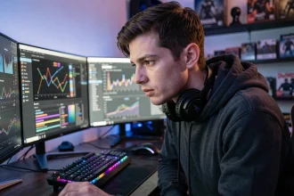 Joueur de TFT concentré analysant des compositions et des changements de patch sur plusieurs écrans dans un setup gaming moderne