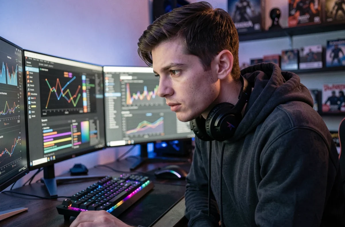 Joueur de TFT concentré analysant des compositions et des changements de patch sur plusieurs écrans dans un setup gaming moderne