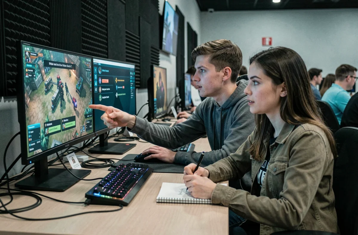 Deux joueurs débutants dans un café gaming analysant les erreurs courantes sur Aeonscope avec des notes et des conseils