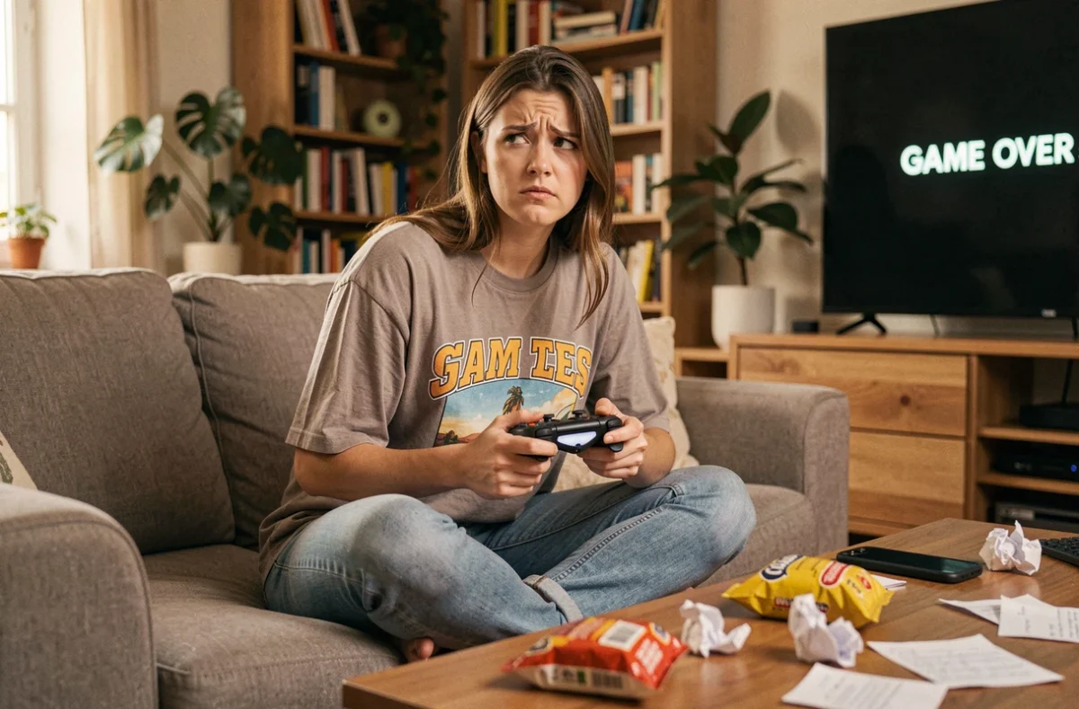 Jeune joueuse débutante sur canapé tenant une manette avec une expression de confusion face aux difficultés du jeu Aeonscope