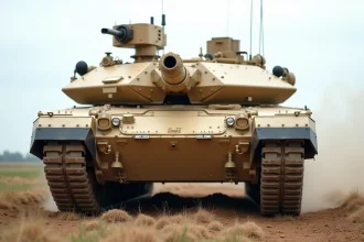 Char de combat Leclerc sur un terrain d'entraînement militaire vu de trois quarts avant, avec blindage composite et chenilles détaillées