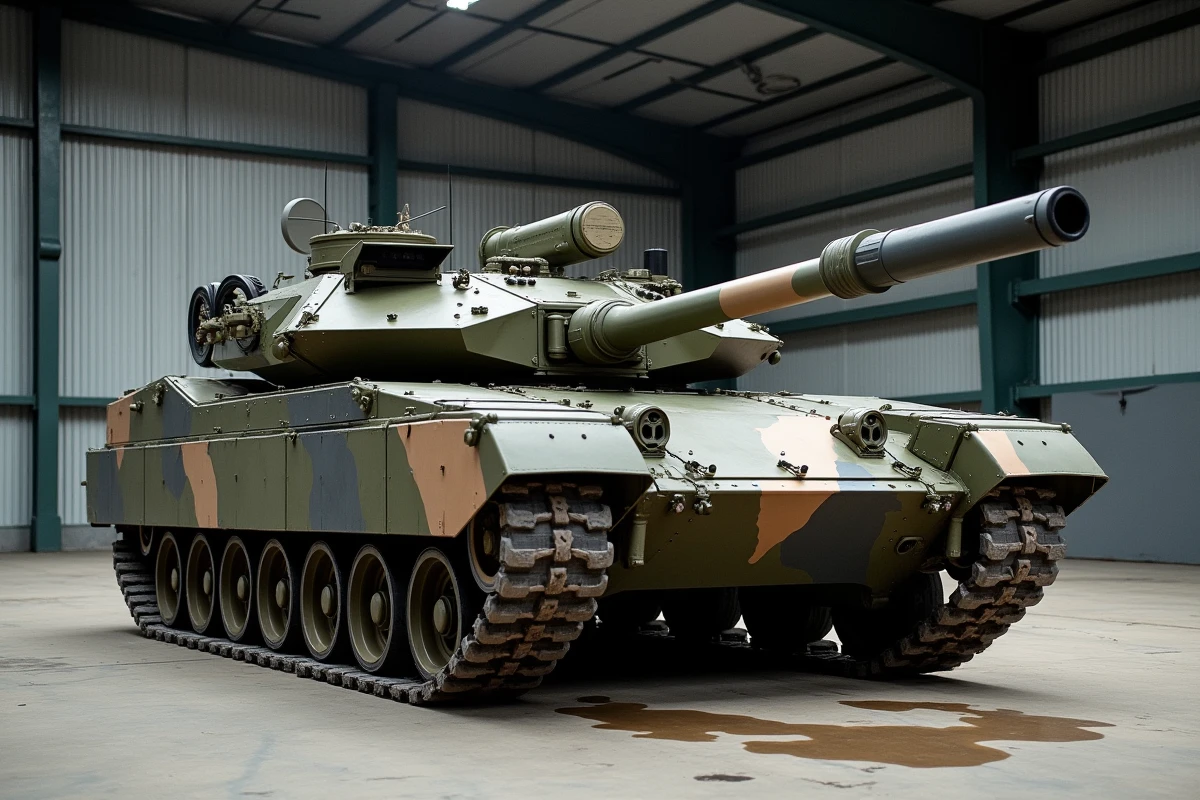 Char Leclerc XLR modernisé dans un hangar de maintenance militaire, montrant les équipements modulaires et les modifications de la tourelle