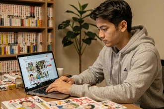 Jeune homme lisant des mangas en VF sur un site de scan en ligne depuis son bureau à domicile