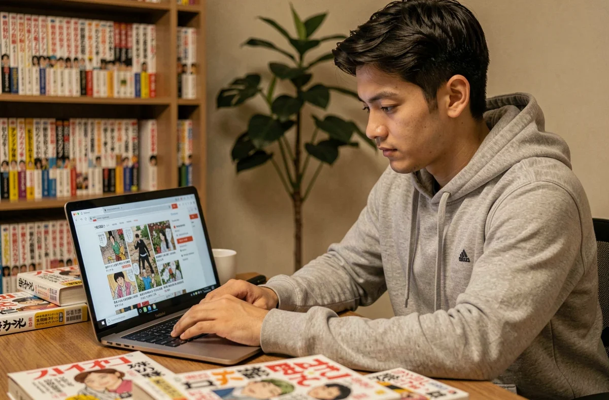Jeune homme lisant des mangas en VF sur un site de scan en ligne depuis son bureau à domicile