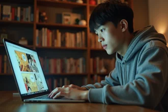 Jeune homme lisant des scans de manga sur un ordinateur portable avec un VPN actif, dans un bureau à domicile entouré de volumes manga