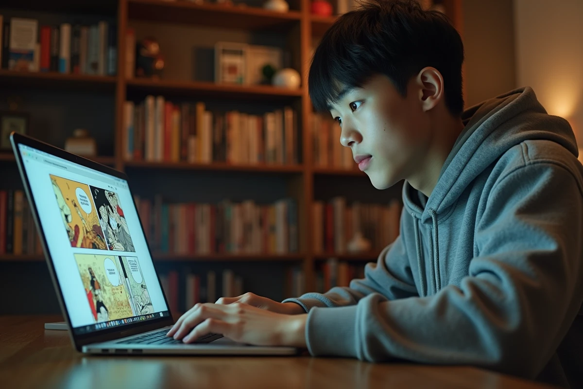 Jeune homme lisant des scans de manga sur un ordinateur portable avec un VPN actif, dans un bureau à domicile entouré de volumes manga