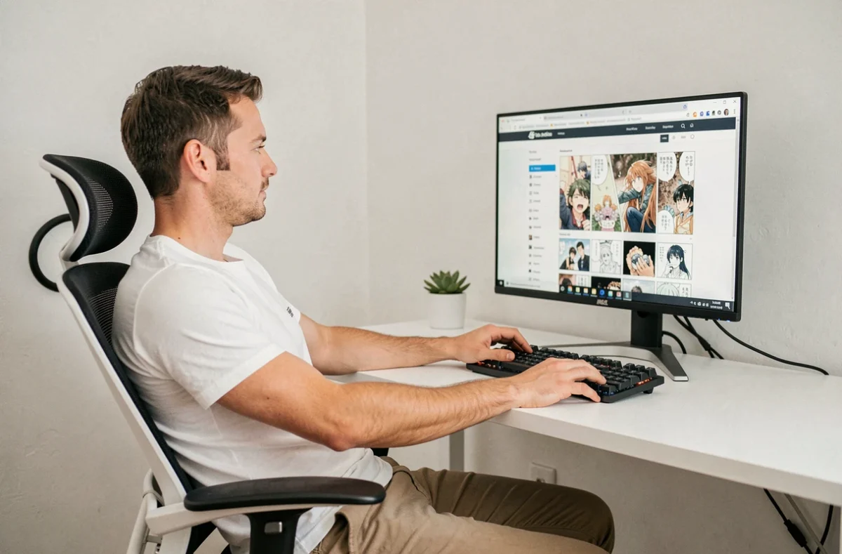 Homme adulte lisant un scan One Piece sur ordinateur de bureau dans un bureau à domicile minimaliste