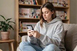 Jeune femme lisant un scan One Piece sur smartphone dans un salon cosy avec bibliothèque manga en arrière-plan