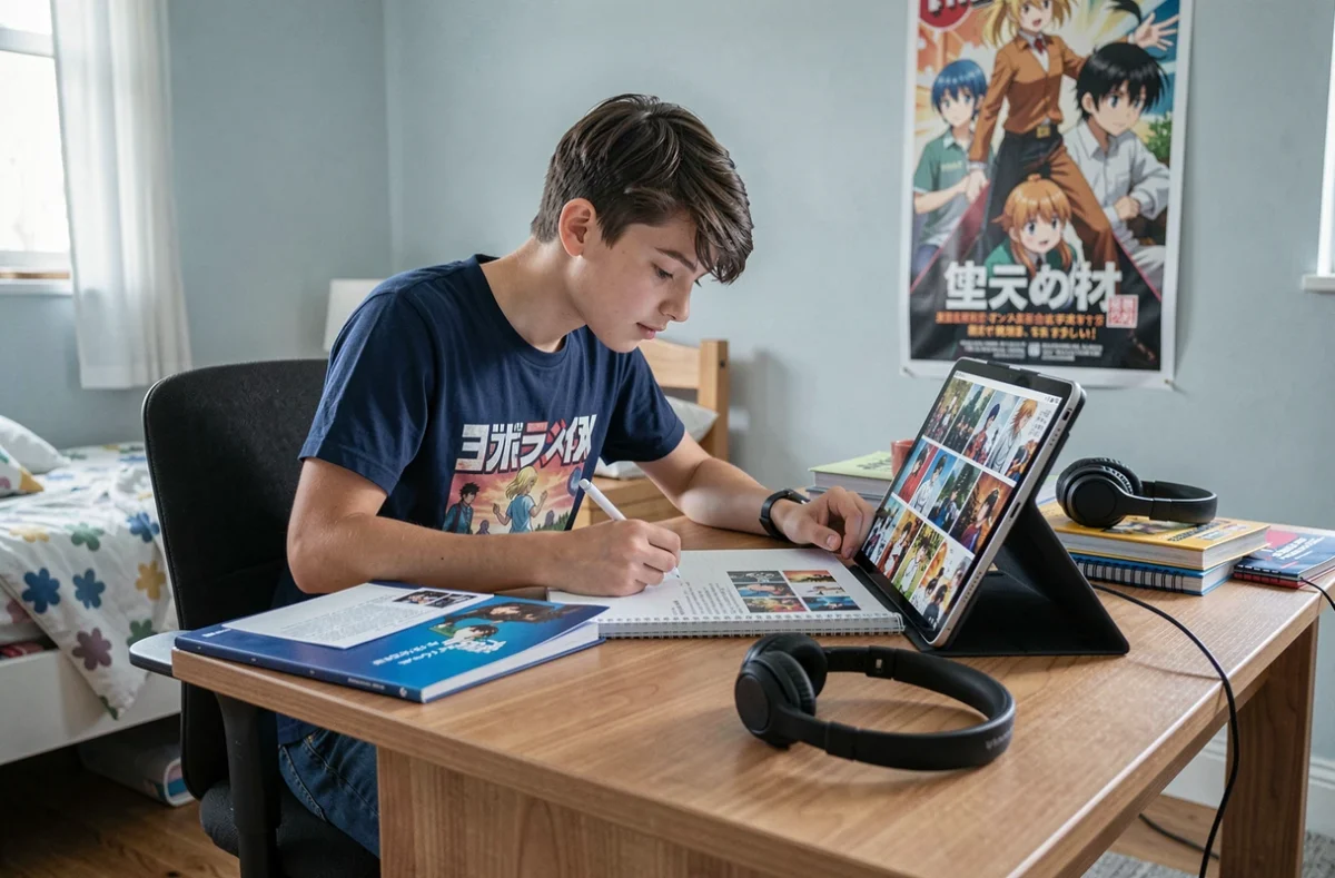 Adolescent lisant un scan de manga One Piece sur tablette posée sur un bureau dans une chambre d'étudiant