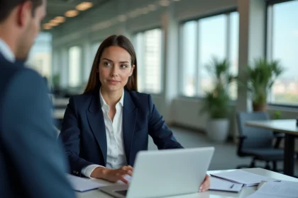 Femme professionnelle posant des limites face à un collègue en milieu de travail ouvert