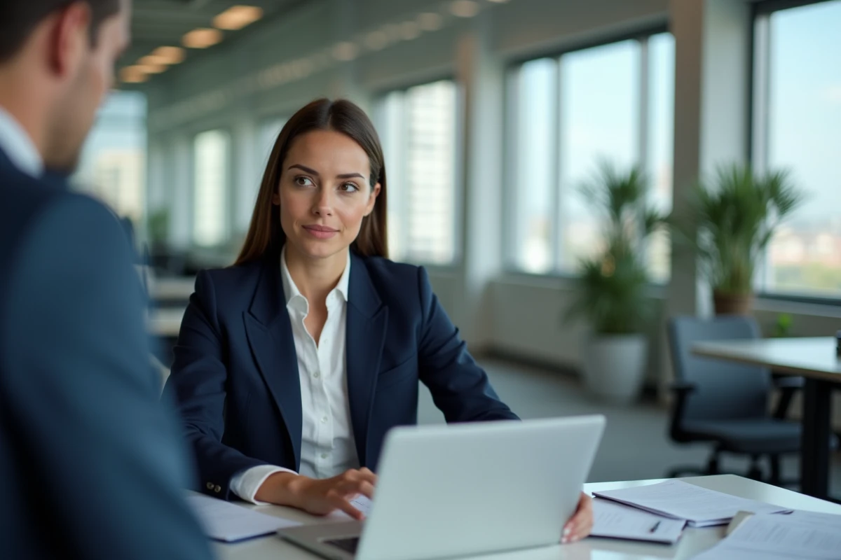 Femme professionnelle posant des limites face à un collègue en milieu de travail ouvert