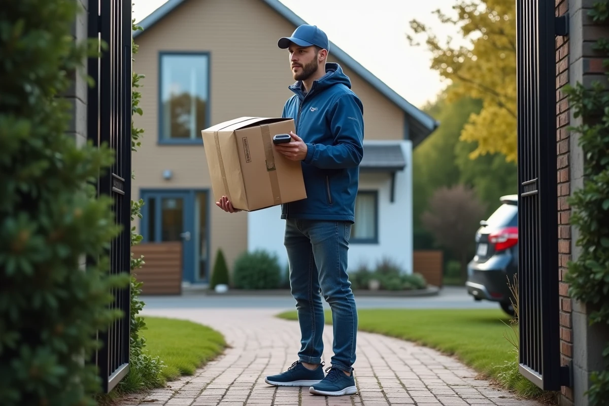Livreur en extérieur avec colis devant maison moderne