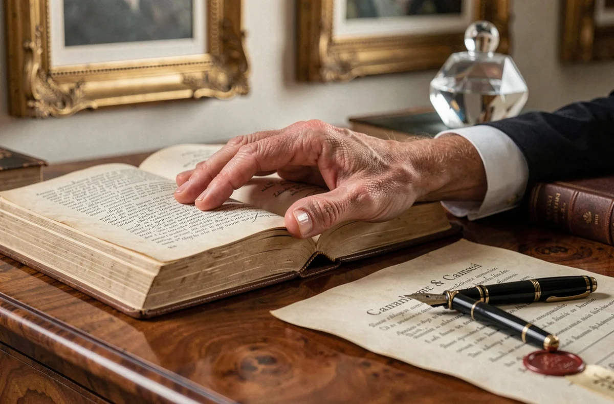 Mains âgées posées sur un livre ancien avec un stylo plume et un document officiel à cachet de cire sur un bureau en noyer parisien, évoquant patrimoine et fortune