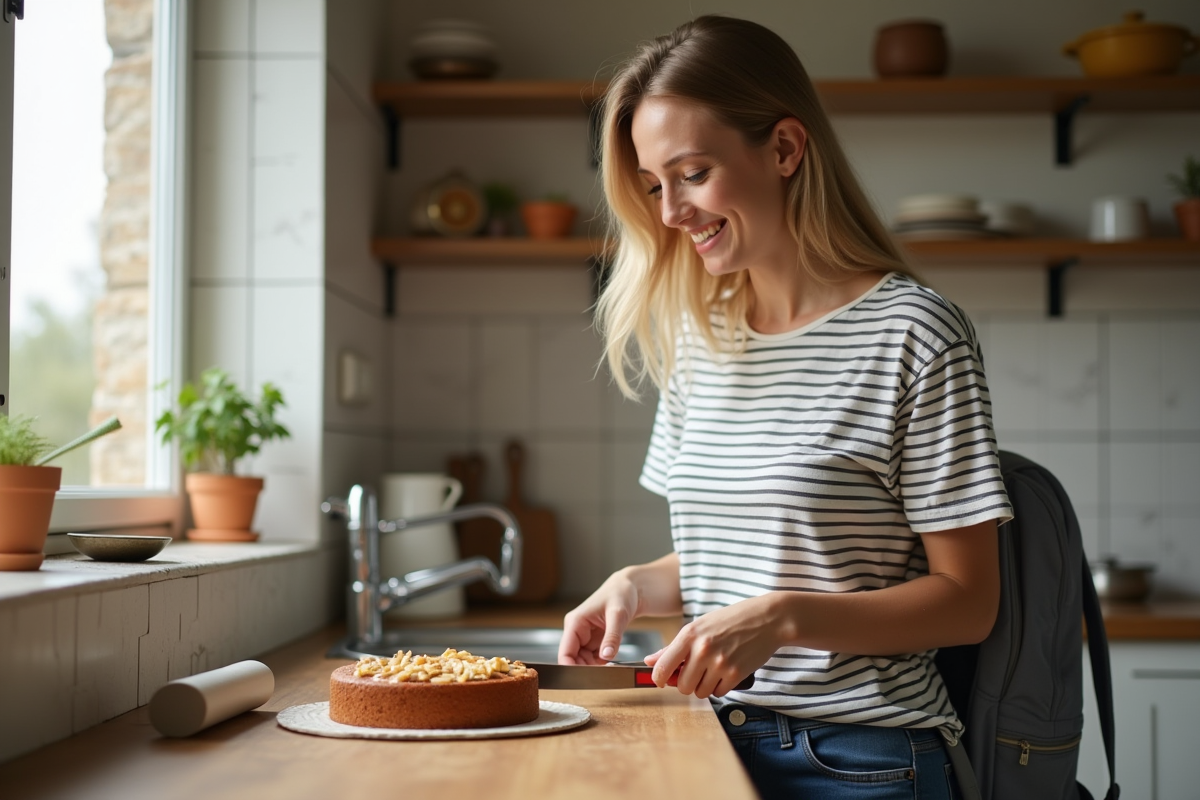Jeune maman coupe un gâteau maison dans la cuisine lumineuse