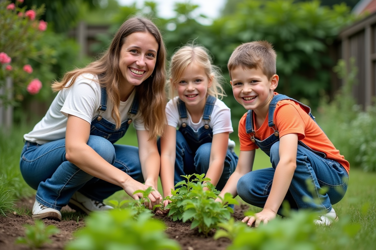 Maman et enfants plantant des herbes dans un jardin verdoyant