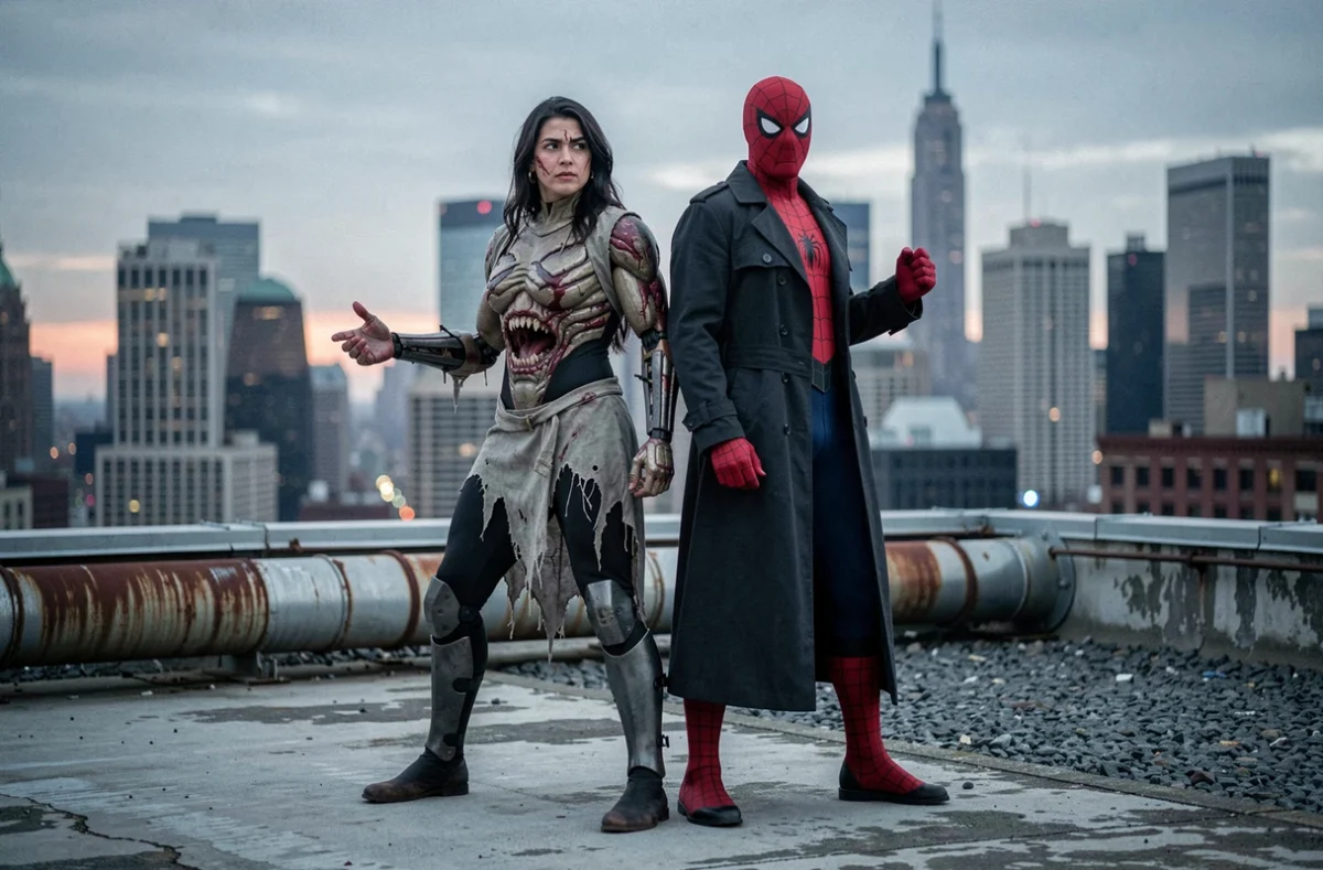 Deux cosplayers incarnant Man Spider et Spider-Man Noir dos à dos sur un toit urbain avec skyline de ville en arrière-plan crépusculaire