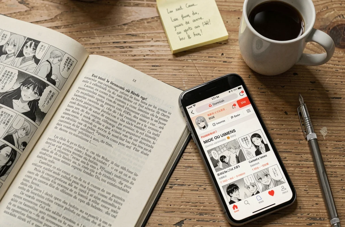 Comparaison entre manga papier en VF et site de scan en ligne sur smartphone posés sur un bureau en bois