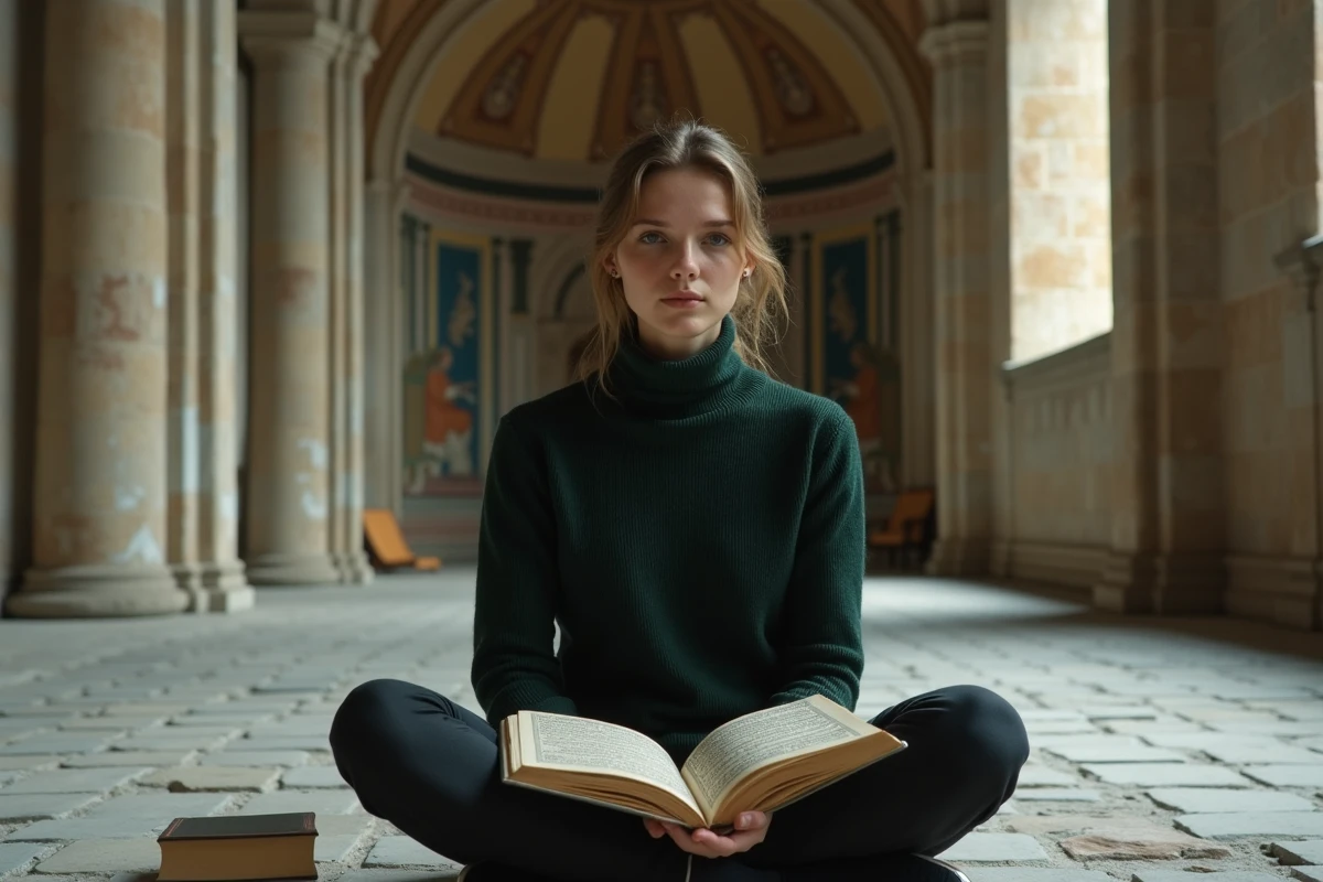 Jeune femme tenant un manuscrit enluminé dans un édifice religieux historique aux colonnes de pierre