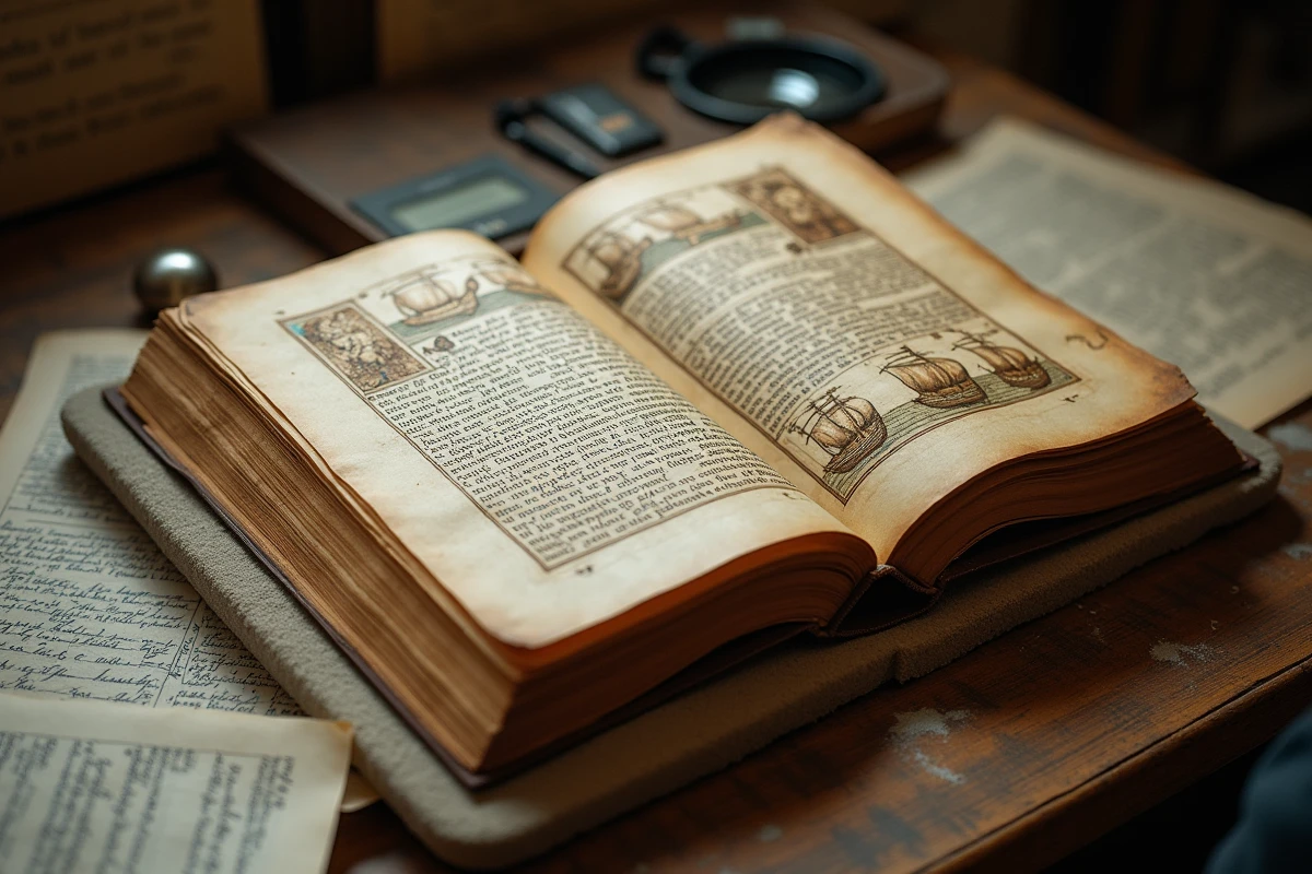 Manuscrit enluminé médiéval ouvert dans une salle d'archives représentant des drakkars vikings, sources historiques sur les raids en Méditerranée
