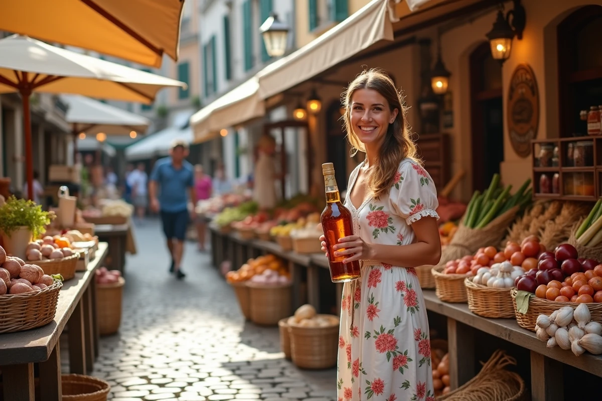 Femme découvrant les produits régionaux gascons et l'Armagnac sur un marché traditionnel à Eauze dans le Gers