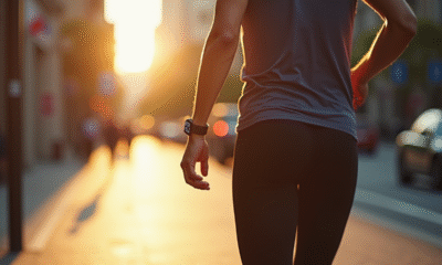 Personne marchant dans la ville avec un tracker de fitness affichant 13000 pas