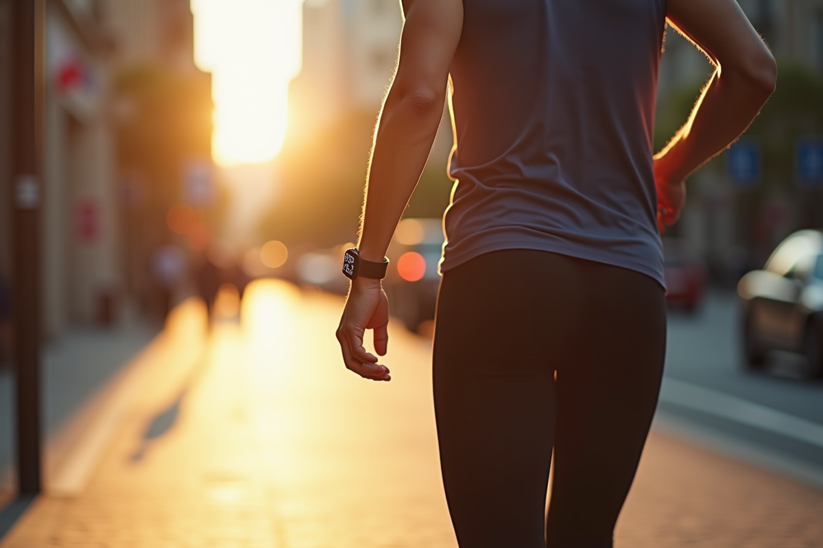 Personne marchant dans la ville avec un tracker de fitness affichant 13000 pas