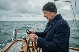 Marin tenant une boussole avec un tatouage Vegvísir au poignet sur un voilier en mer ouverte
