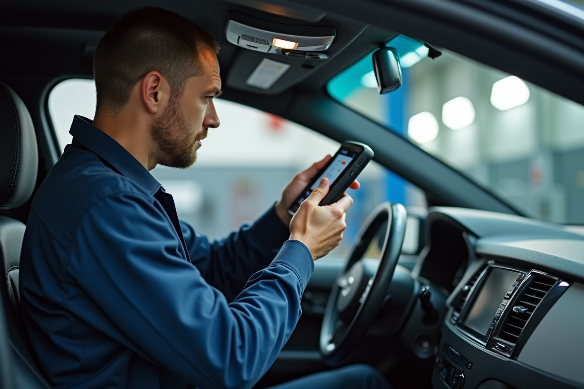 Mécanicien utilisant un outil de diagnostic dans un garage