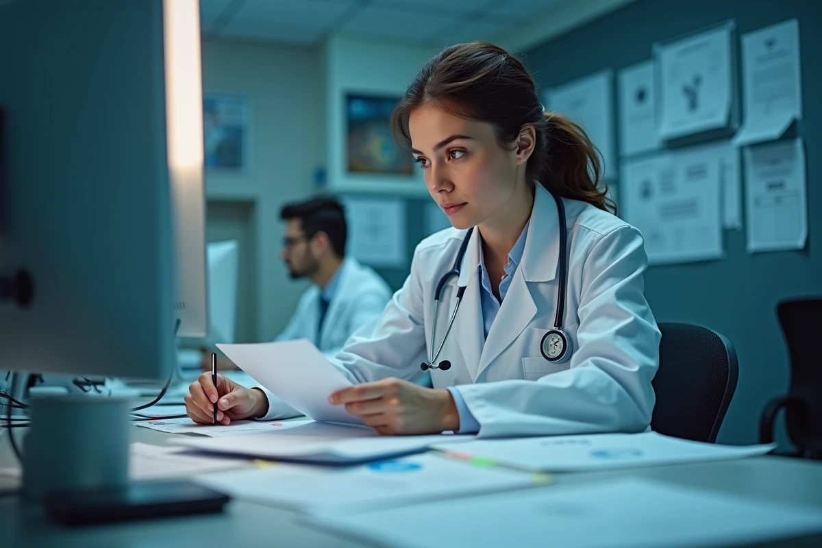 Jeune médecin féminin analysant des dossiers médicaux à un bureau d'hôpital, ambiance de département de diagnostic