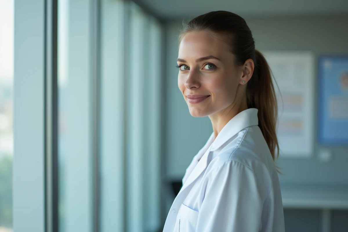 Médecin femme en blouse blanche près d'une fenêtre d'hôpital, expression introspective évoquant un dilemme éthique médical