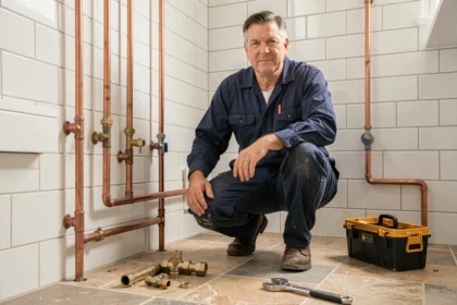Plombier professionnel au travail dans une salle de bain moderne dans le Lot