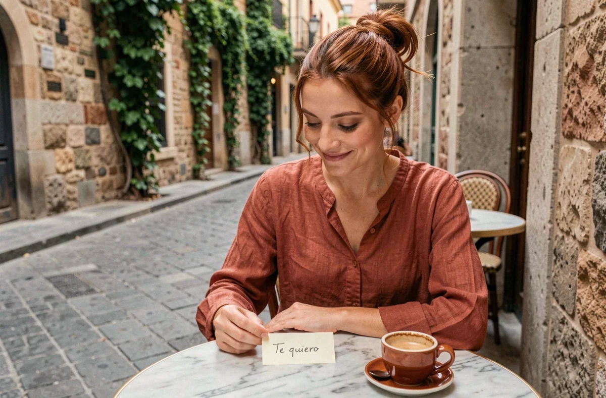 Jeune femme lisant un message d'amour en espagnol 'Te quiero' dans un café typique du quartier gothique de Barcelone