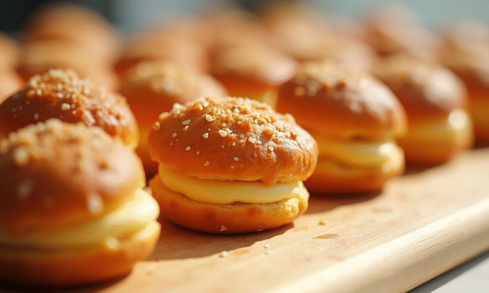 Mini choux au craquelin dorés sur une table en bois