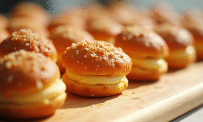 Mini choux au craquelin dorés sur une table en bois