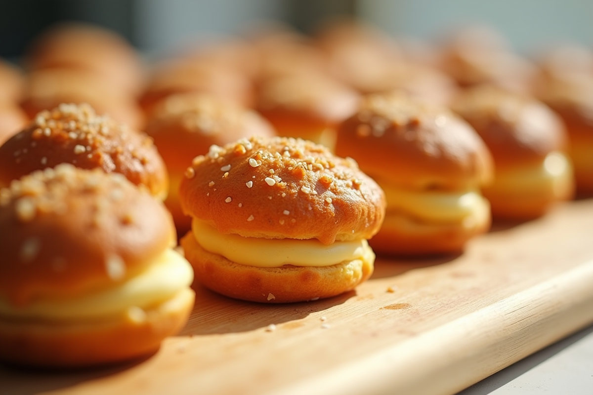 Mini choux au craquelin dorés sur une table en bois