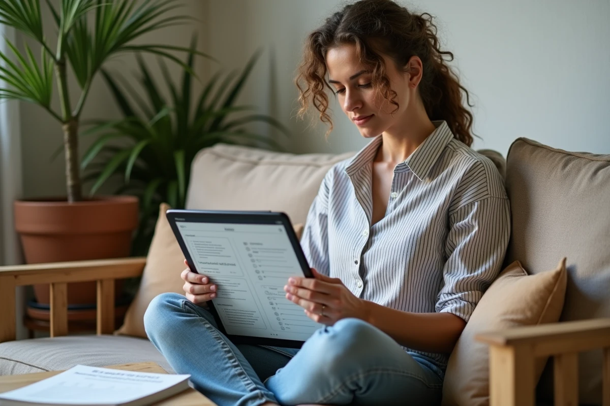 Jeune femme consultant un modèle de mise en page de livre sur une tablette numérique, assise confortablement dans un salon lumineux avec des plantes en pot