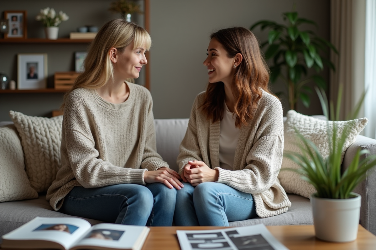 Mère et fille discutant dans un salon chaleureux