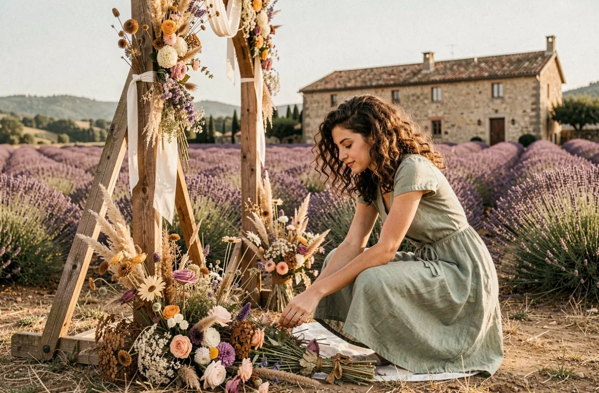 Organisatrice Organik arrangeant une arche florale pour un événement en plein air dans le Luberon