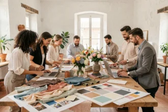 Équipe d'organisateurs d'événements en Provence-Alpes-Côte d'Azur travaillant autour d'une table de planification