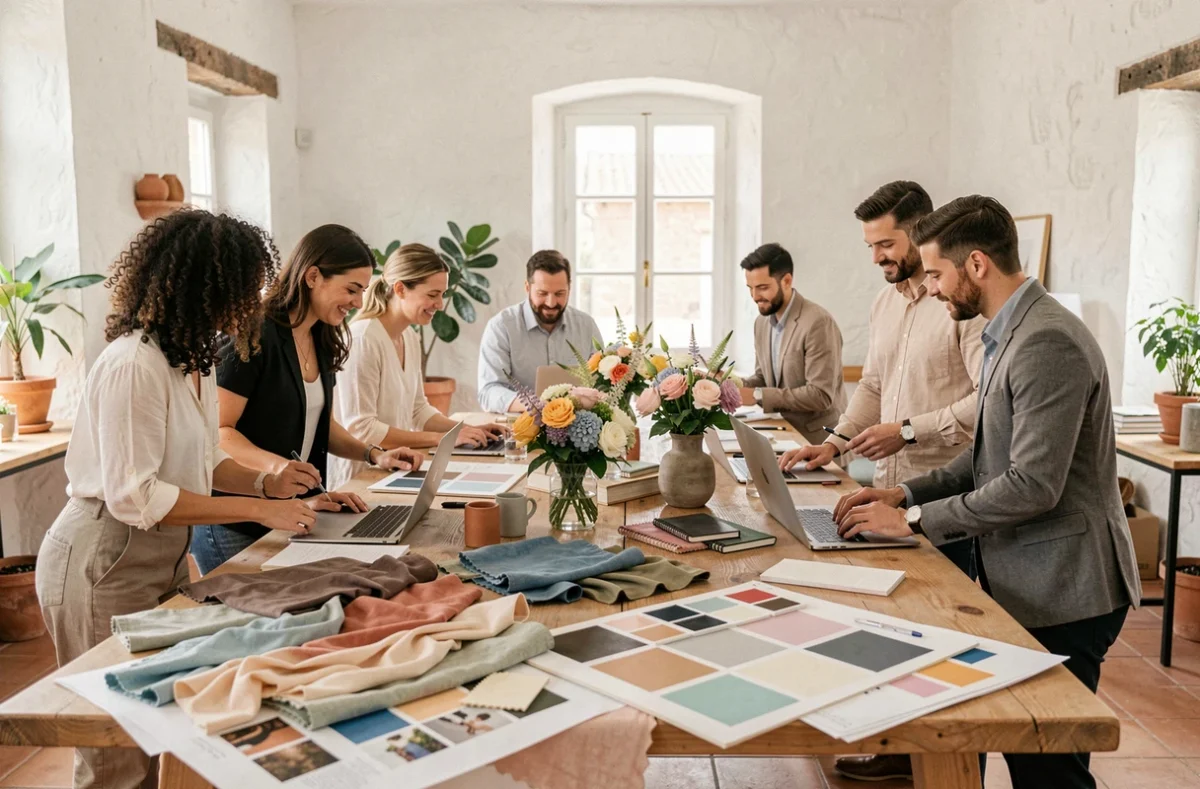 Équipe d'organisateurs d'événements en Provence-Alpes-Côte d'Azur travaillant autour d'une table de planification