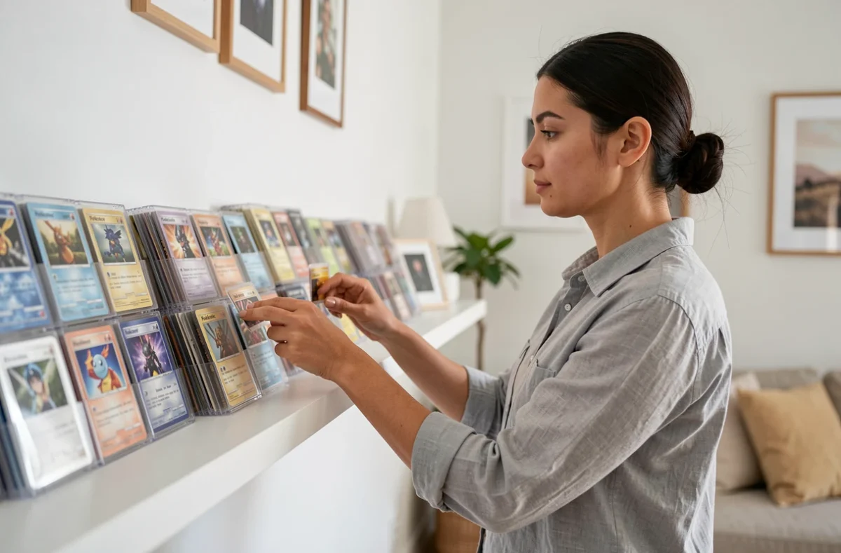 Femme organisant des cartes Pokémon gradées dans des boîtiers acryliques sur une étagère moderne
