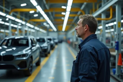 Ouvrier d'usine automobile supervisant la ligne de montage